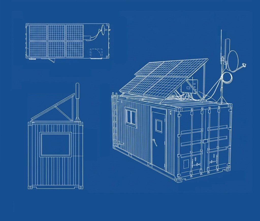 Blueprint showing perspective, top-down, and side views of a shipping container modified with solar panels, a satellite dish, and communication antennas.